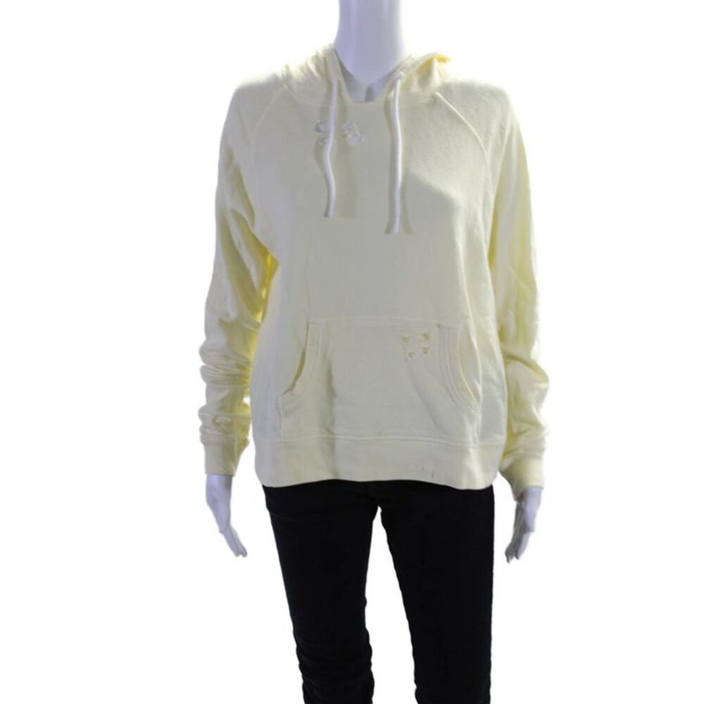 Leallo Women's Hood Long Sleeves Distress Pockets Sweatshirt Yellow Size M